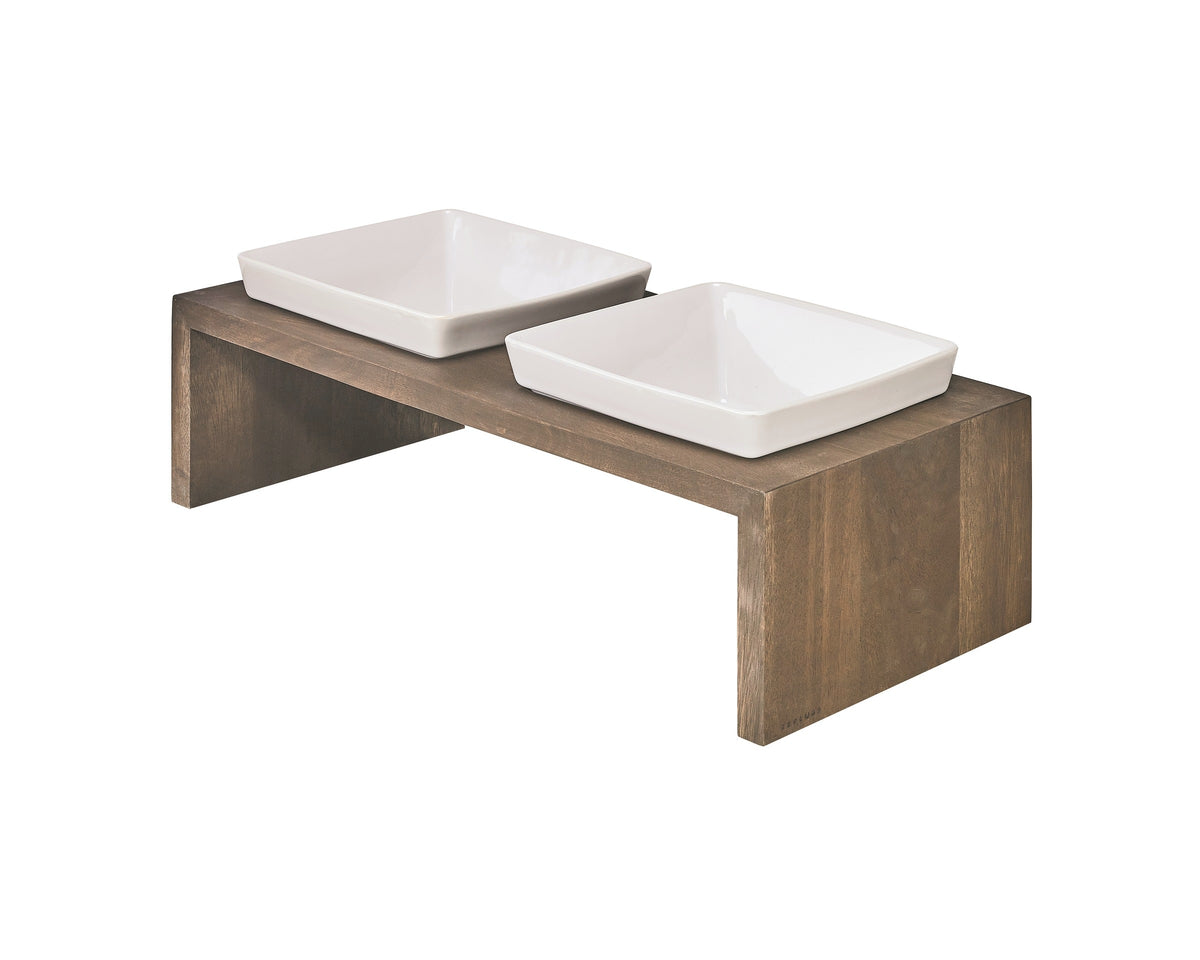 Double Artisan Wood Feeder in Walnut with two white ceramic bowls