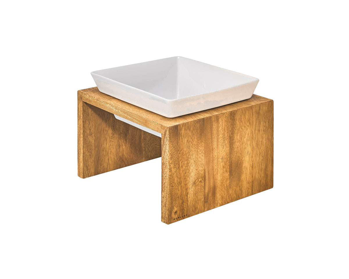 Single Artisan Feeder in Bamboo with a white ceramic bowl