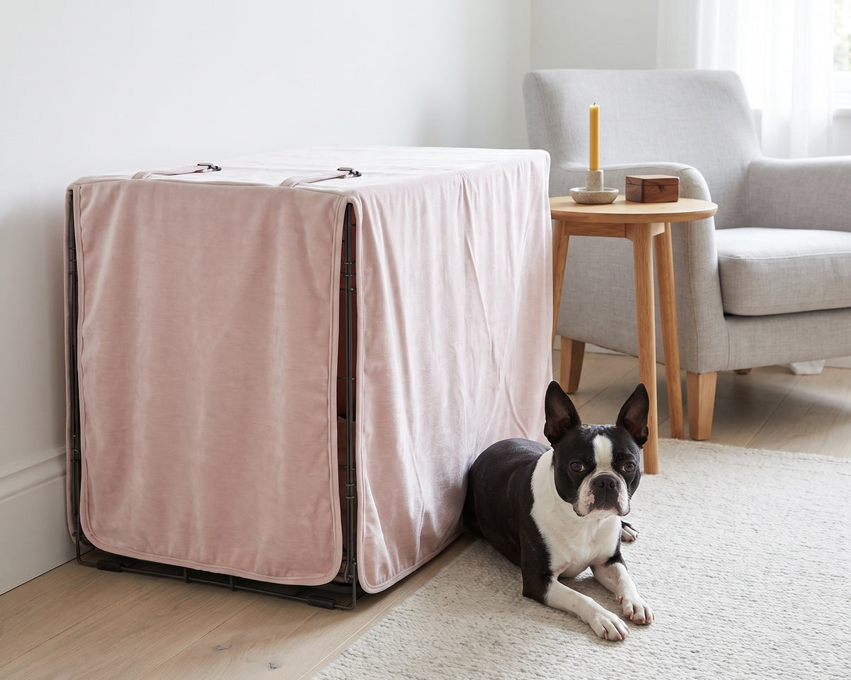 Boston Terrier resting beside a Crate Cover in Blush with the front panel down in a bright sitting room