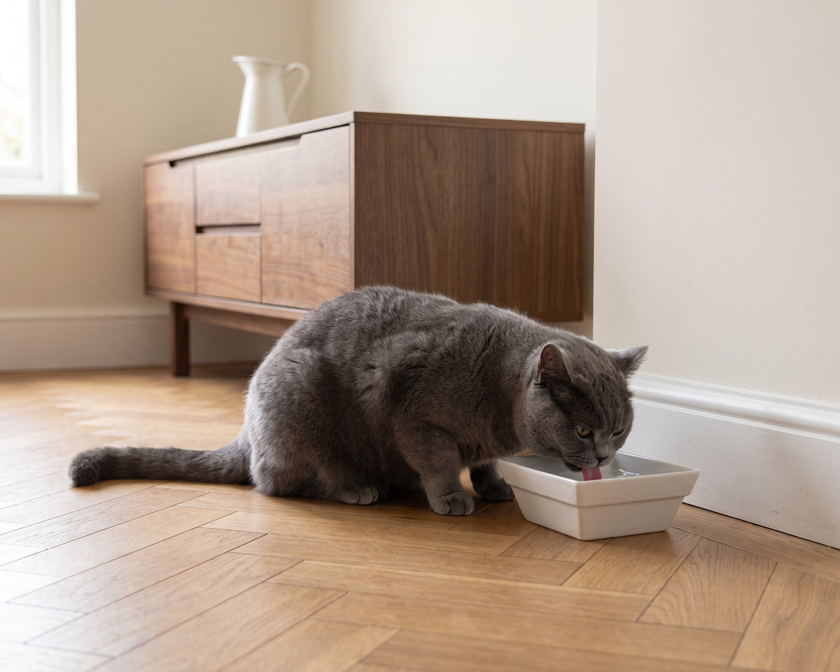 British Shorthair cat drinking water from the small white Ceramic Bowl in a dining room