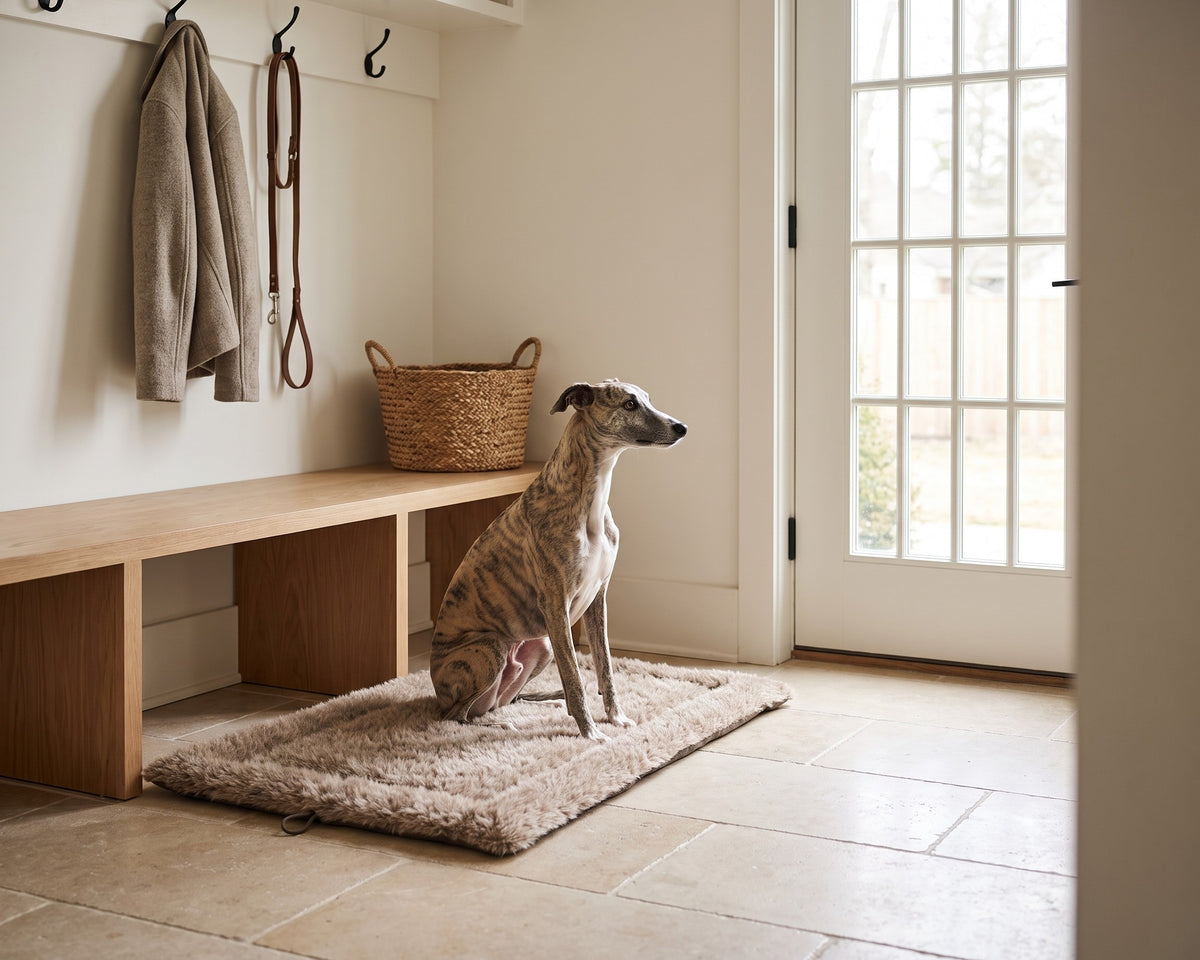 Whippet sitting on the Cosmopolitan Mat in Alpaca in a modern mudroom