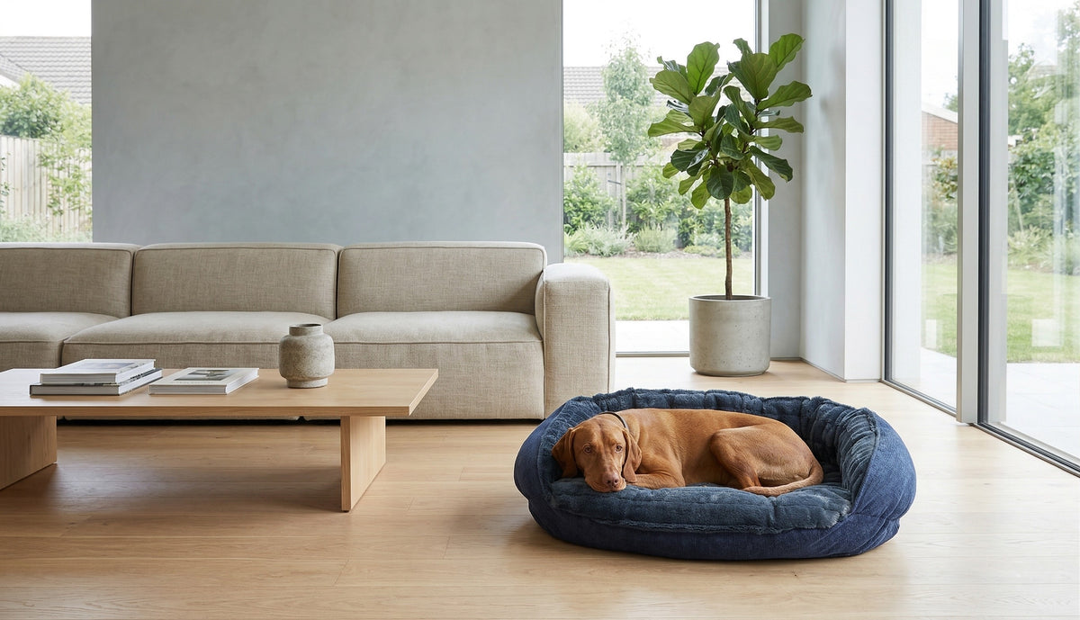 Vizsla curled up in the Crescent Reversible Bed in Majestic Blue and True Navy in a bright modern living room