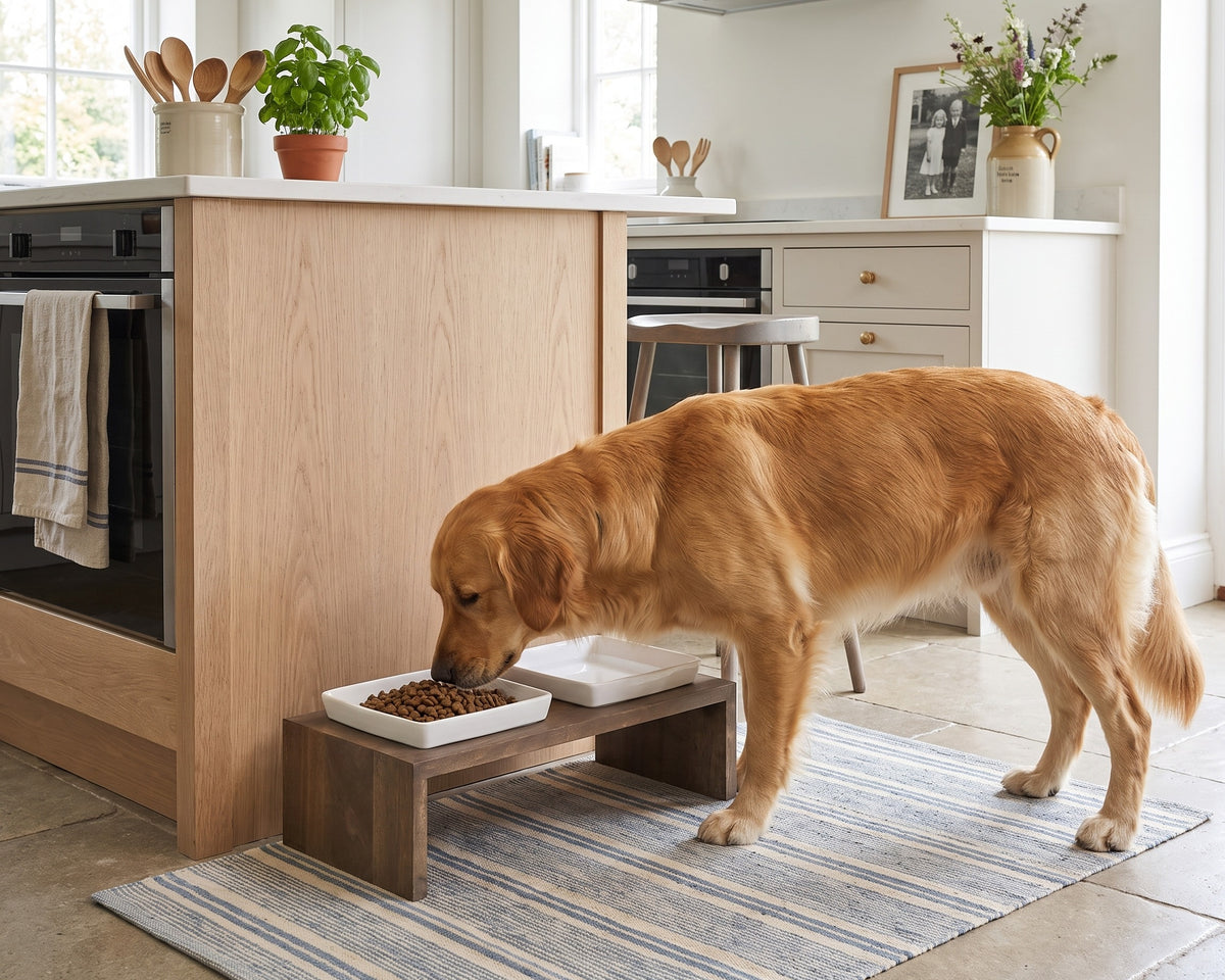 Golden retriever eating from the Double Artisan Wood Feeder in Walnut beside a kitchen island