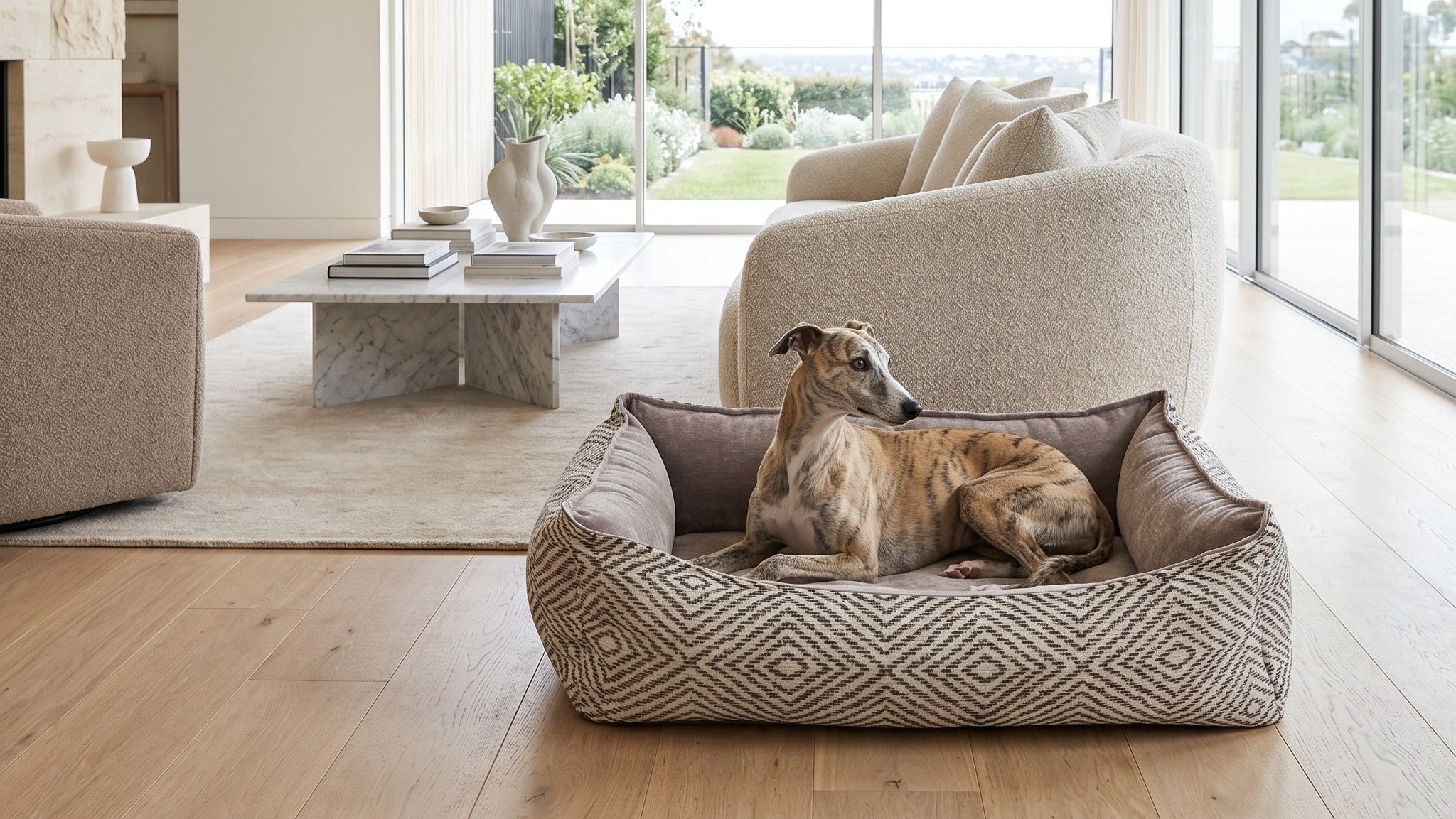 Dog resting on the Oslo Ortho orthopedic dog bed in Diamondback fabric in a modern living room.