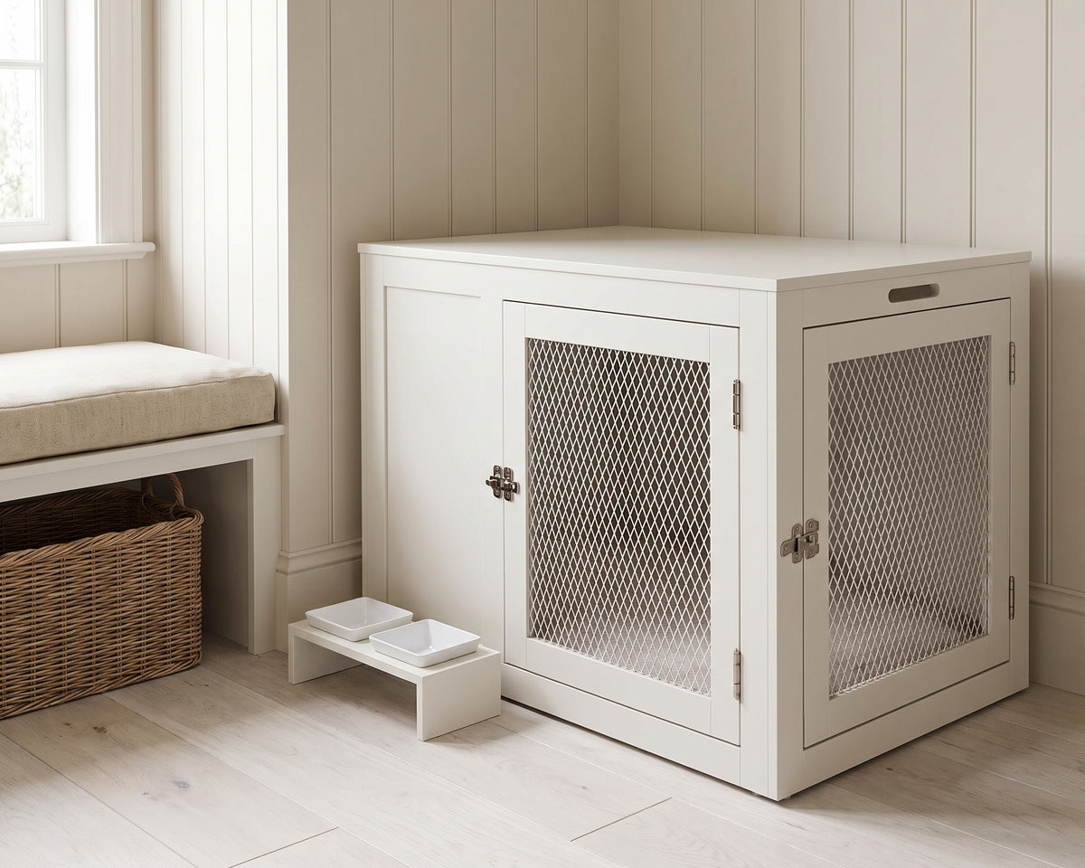 Fresco Dog Crate in Lunar with the matching Fresco Double Wood Feeder in a bright entry hall