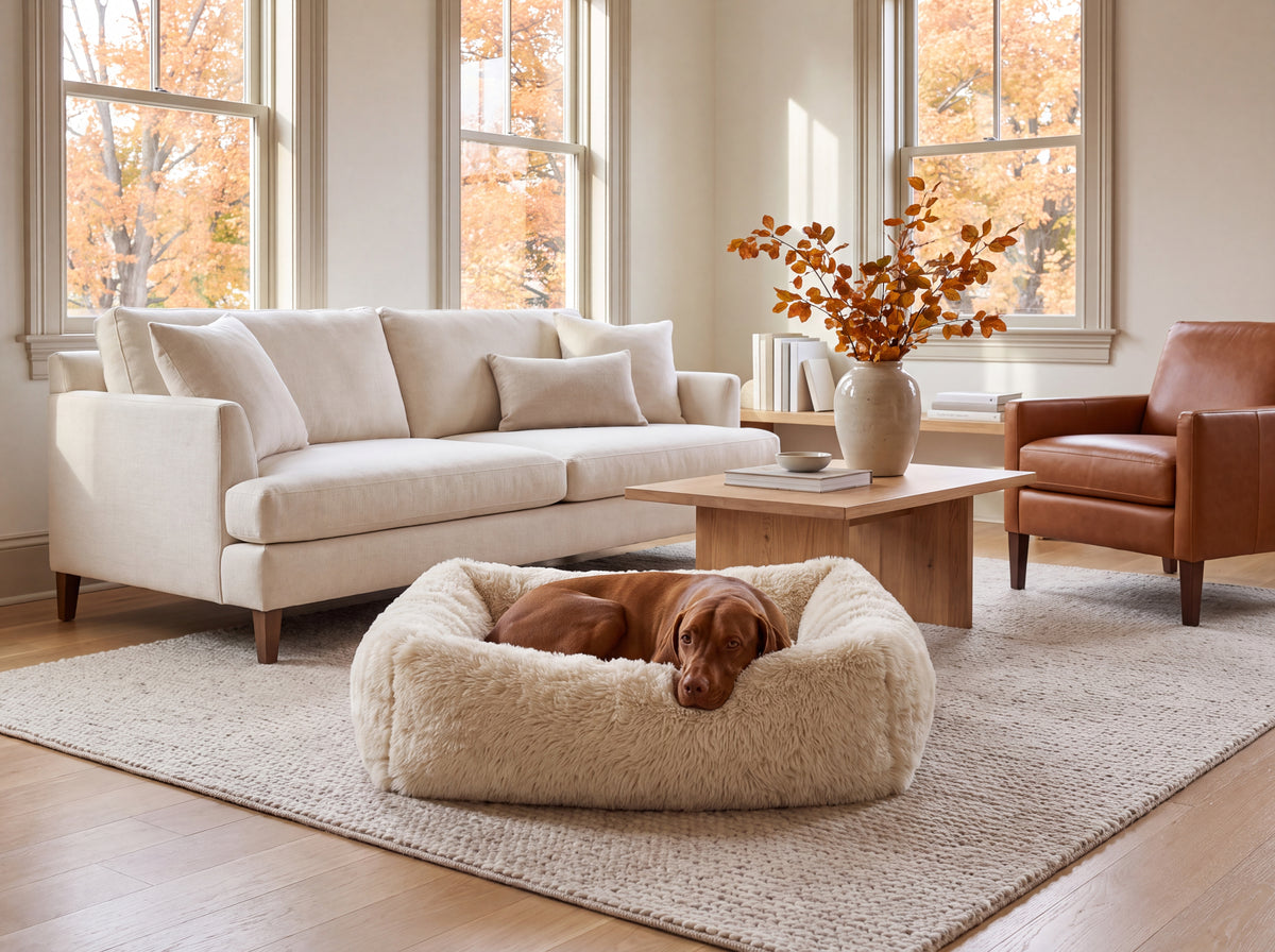 The Franklin - Faux Fur in Fluffernutter in a bright living room with fall trees outside, with a vizsla