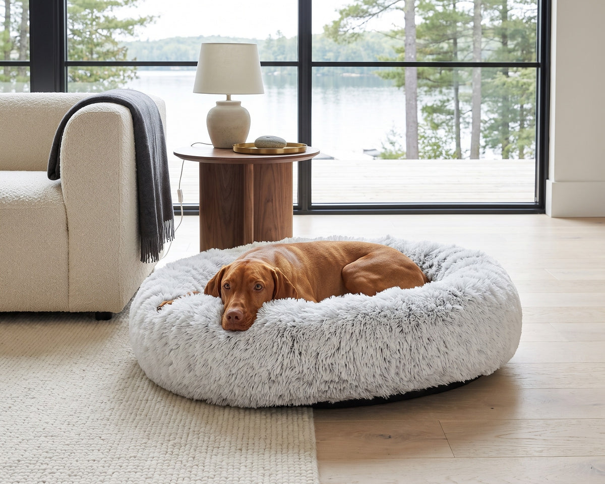 Vizsla resting in a Frost White Icelandic Shag Bed beside a boucle sofa in a lake house living room