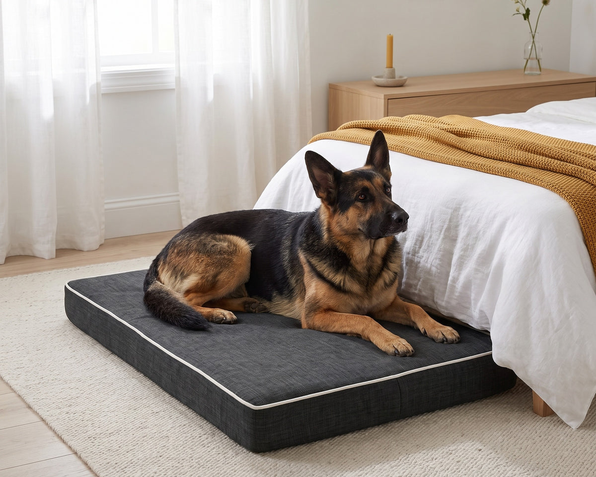 German Shepherd lying on the Isotonic Memory Foam Mattress in Storm beside a bed