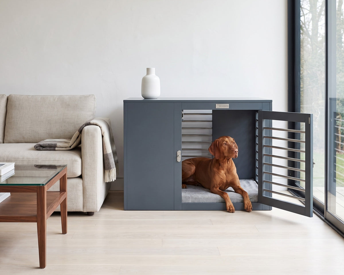 Vizsla resting inside the Moderno Crate in Grey with the front door open, used as an end table beside the sofa in a bright modern living room
