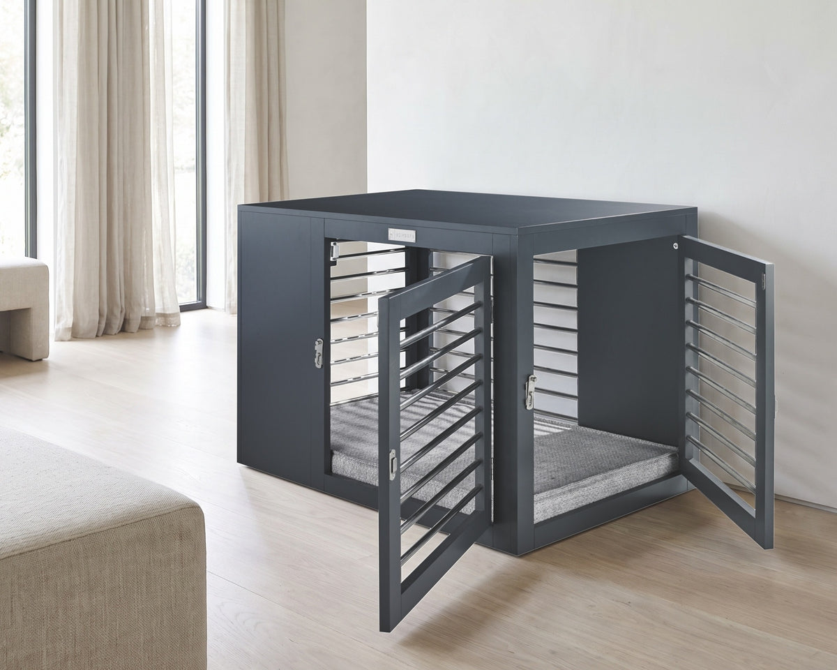 Moderno Crate in Grey with both the front and end doors open in a bright modern living area