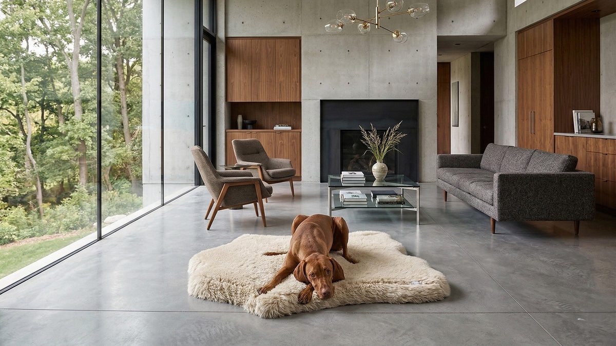 Maverick Rugbed in a modern living room by a fireplace, with a vizsla