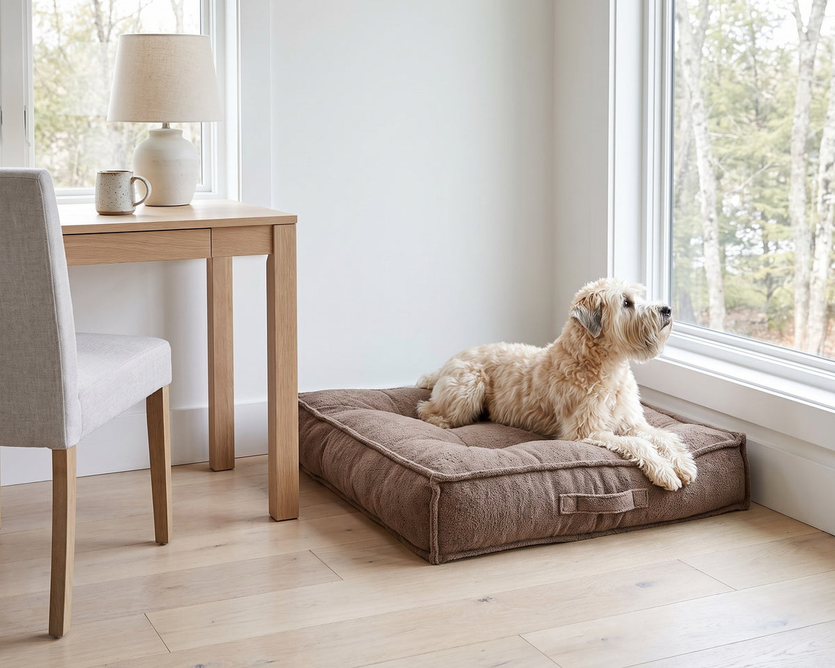 Wheaten terrier on a Piazza in Mocha by a window in a bright home office