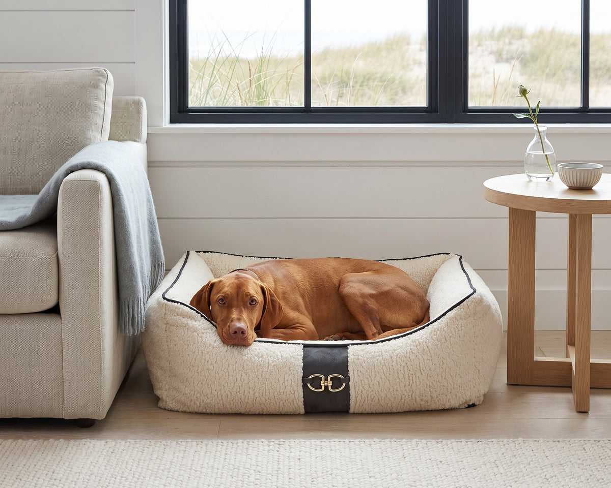 Vizsla resting in the Signature Scoop bed in Ivory Sheepskin, against a white board wall beneath a beach house window