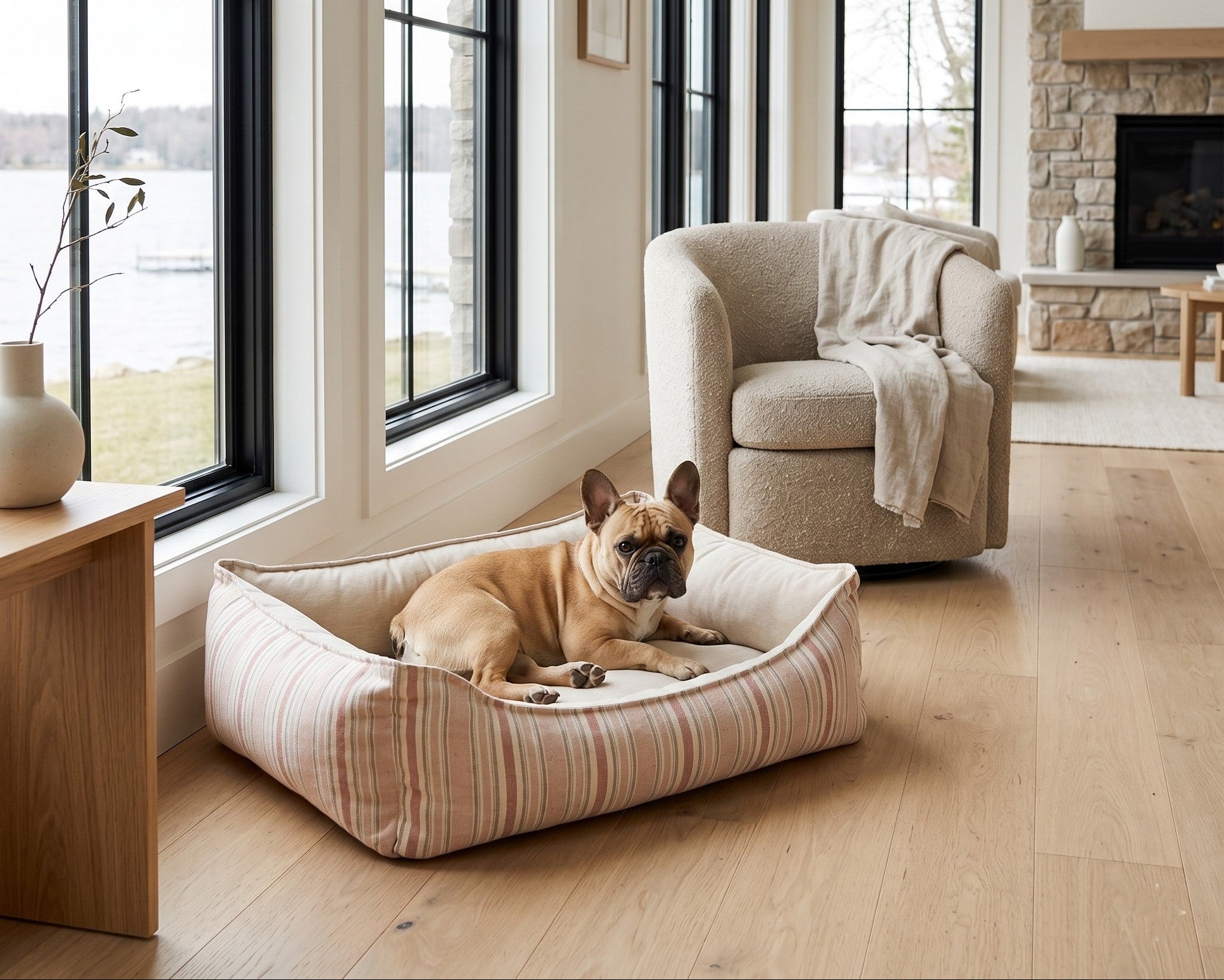Dog resting on the Oslo Ortho orthopedic dog bed in Sanibel Stripe in a modern living room.