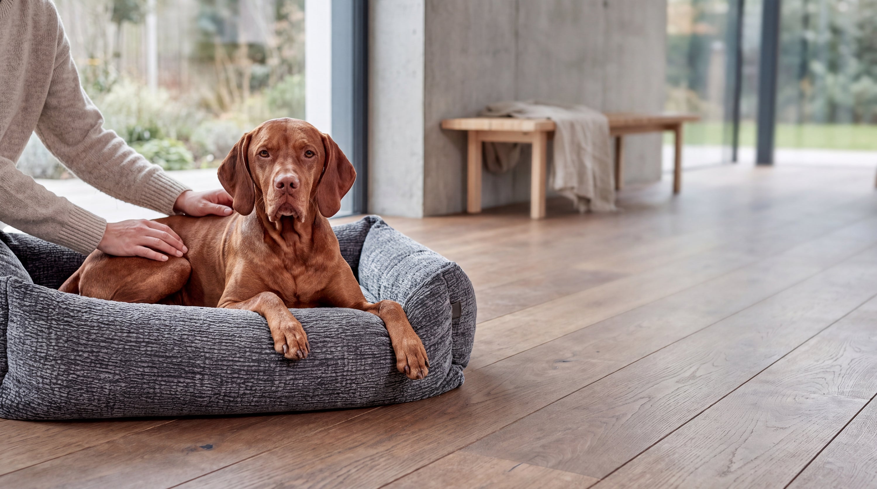 A dog resting on a Franklin dog bed while being petted.
