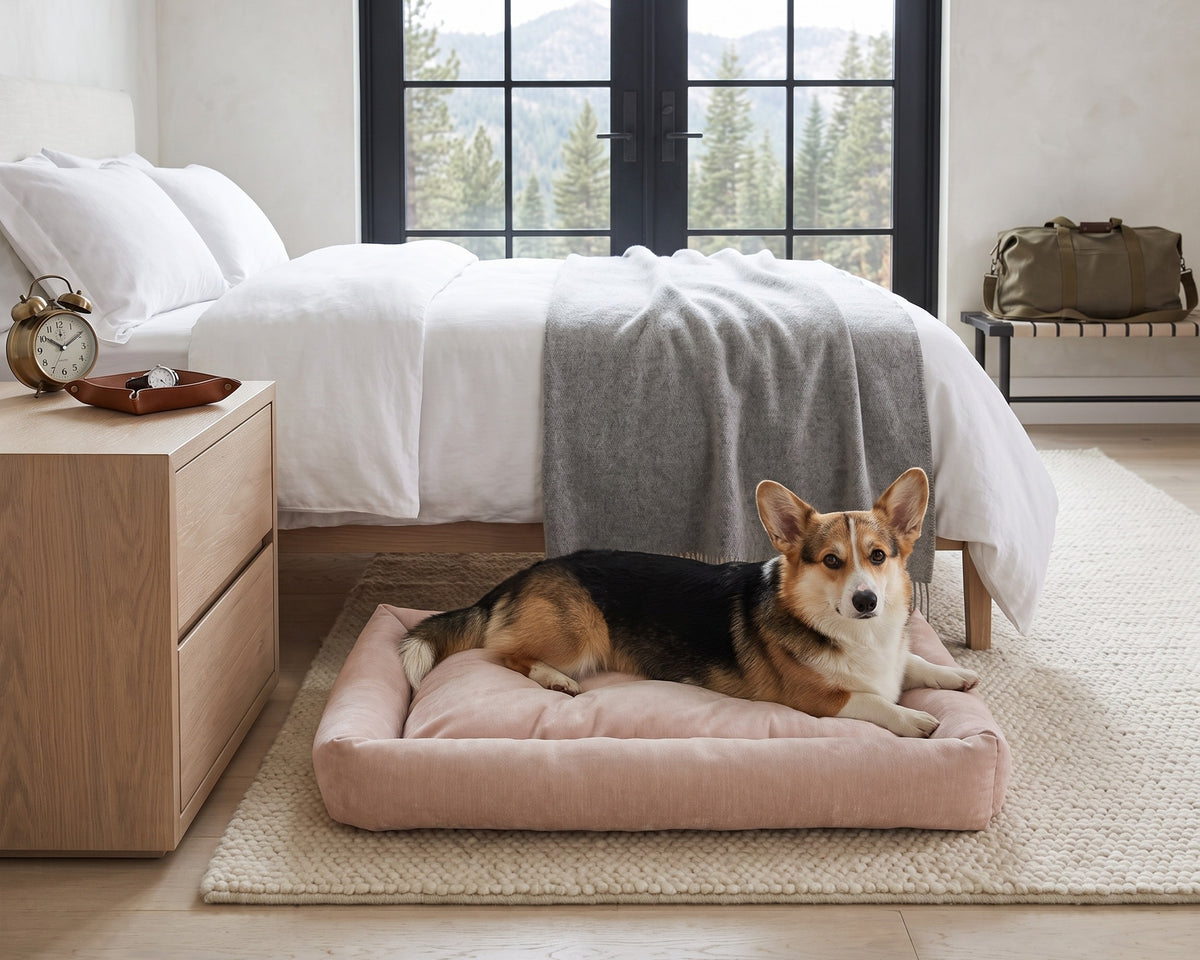Pembroke Welsh Corgi on a Tango Multi Bed in Blush beside the bed in a mountain hotel suite