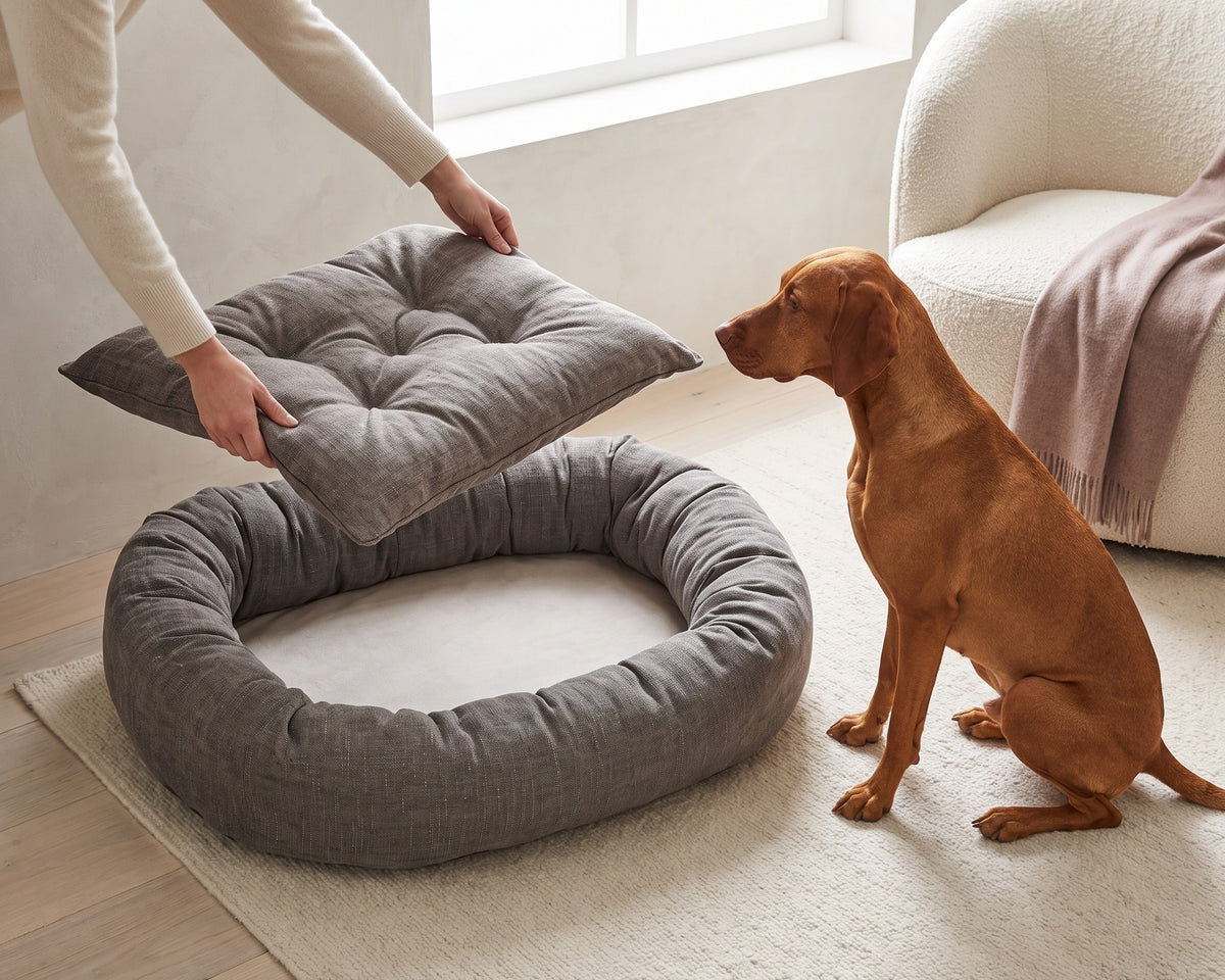 Hands placing a Mousse Tufted Cushion into a Mousse Donut Bed while a Vizsla watches