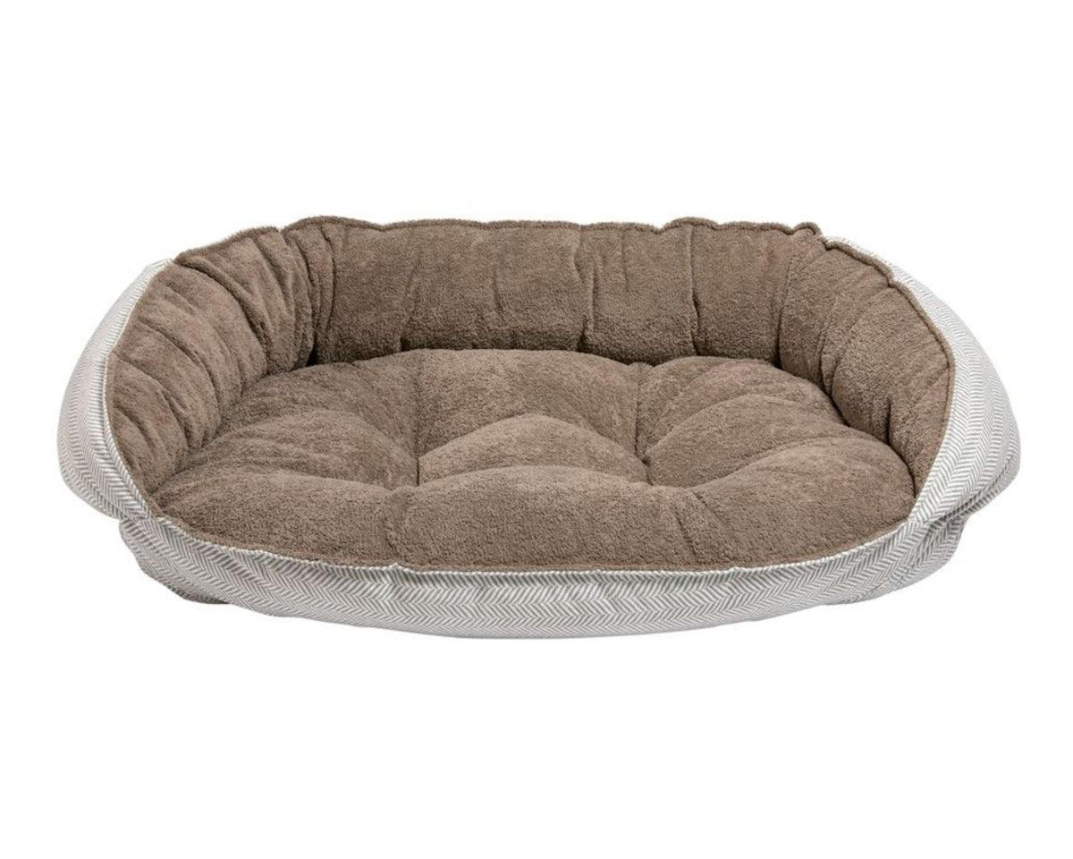 Crescent Reversible Bed in Taupe Herringbone and Mocha