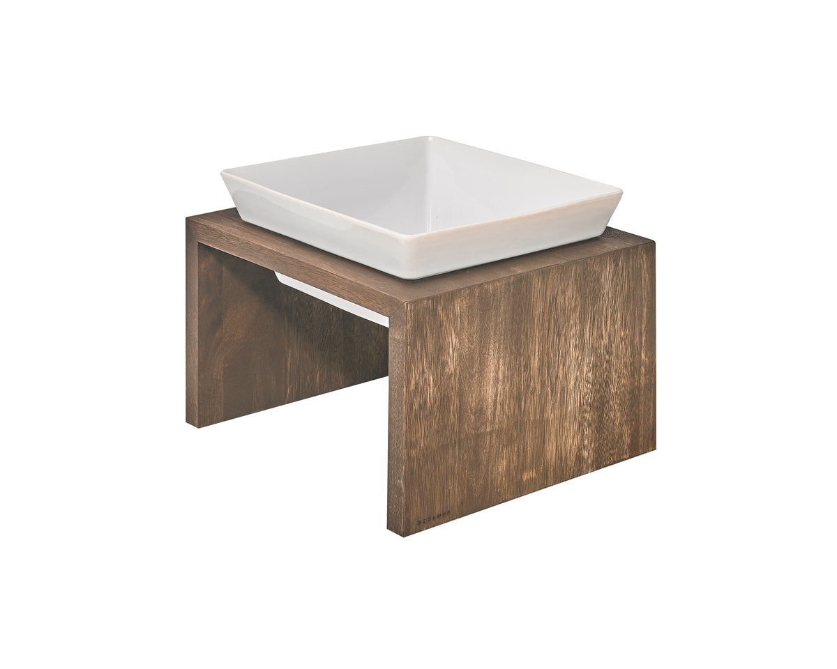 Single Artisan Feeder in Walnut with a white ceramic bowl
