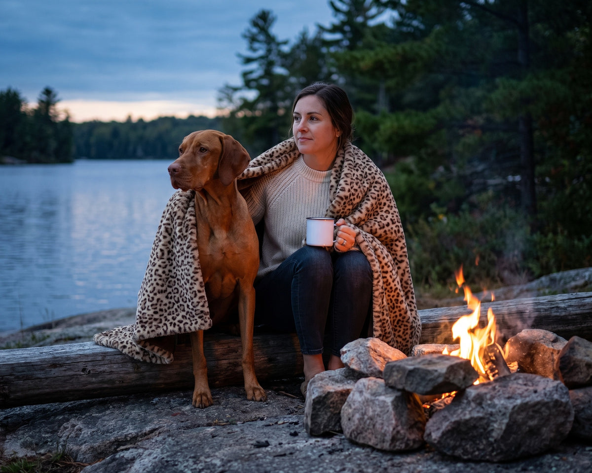 Woman and Vizsla sharing the Blanket Topper in Leopard beside a campfire on a lakeshore at dusk.