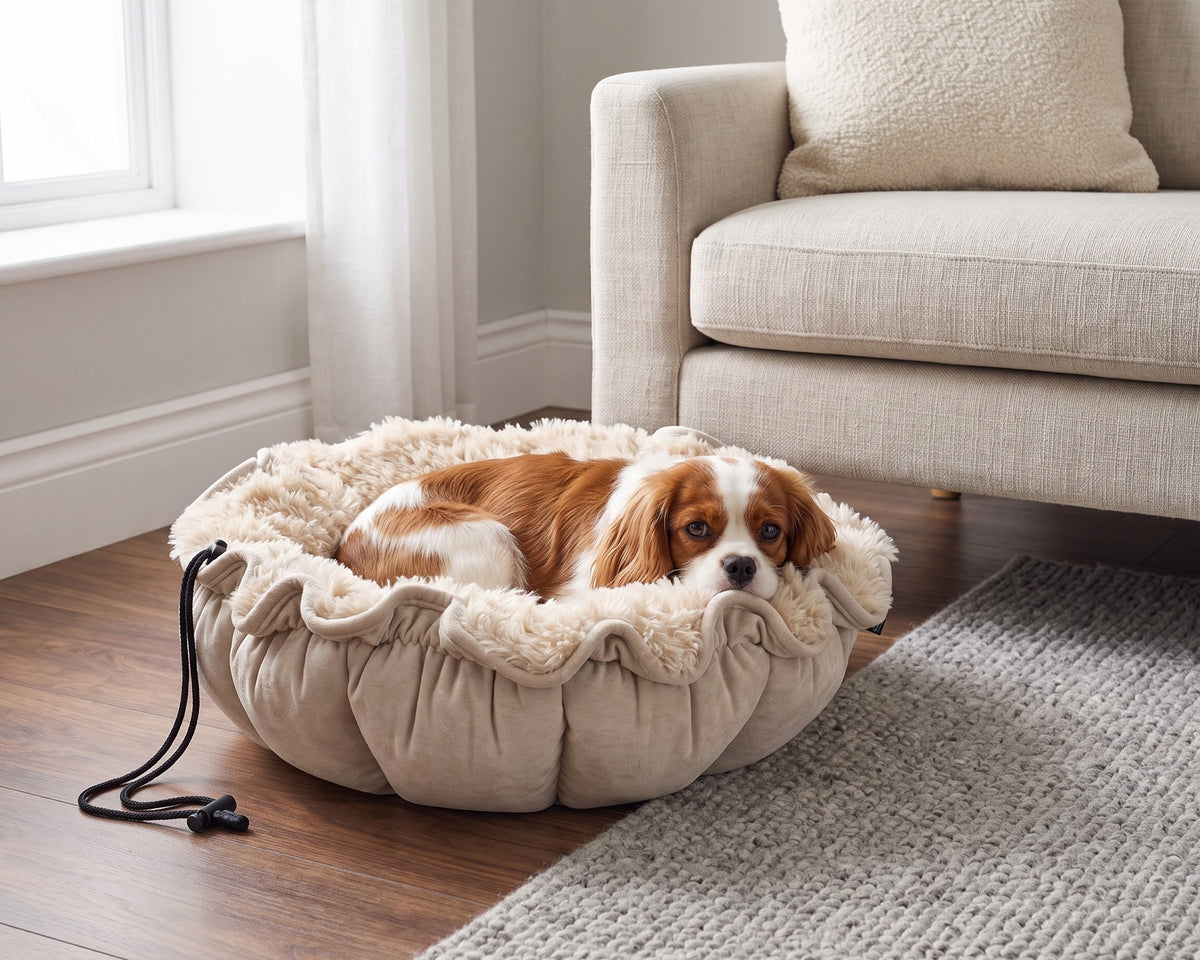 Cavalier King Charles Spaniel resting in a Buttercup bed in Fluffernutter, drawn up as a nest beside a sofa in a living room