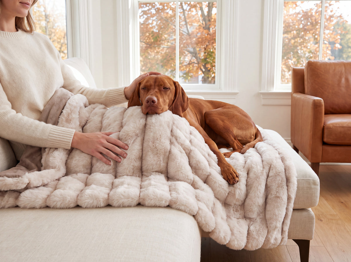 Blanket Topper in Himalayan draped over a woman's lap on a sofa, with a vizsla resting on it
