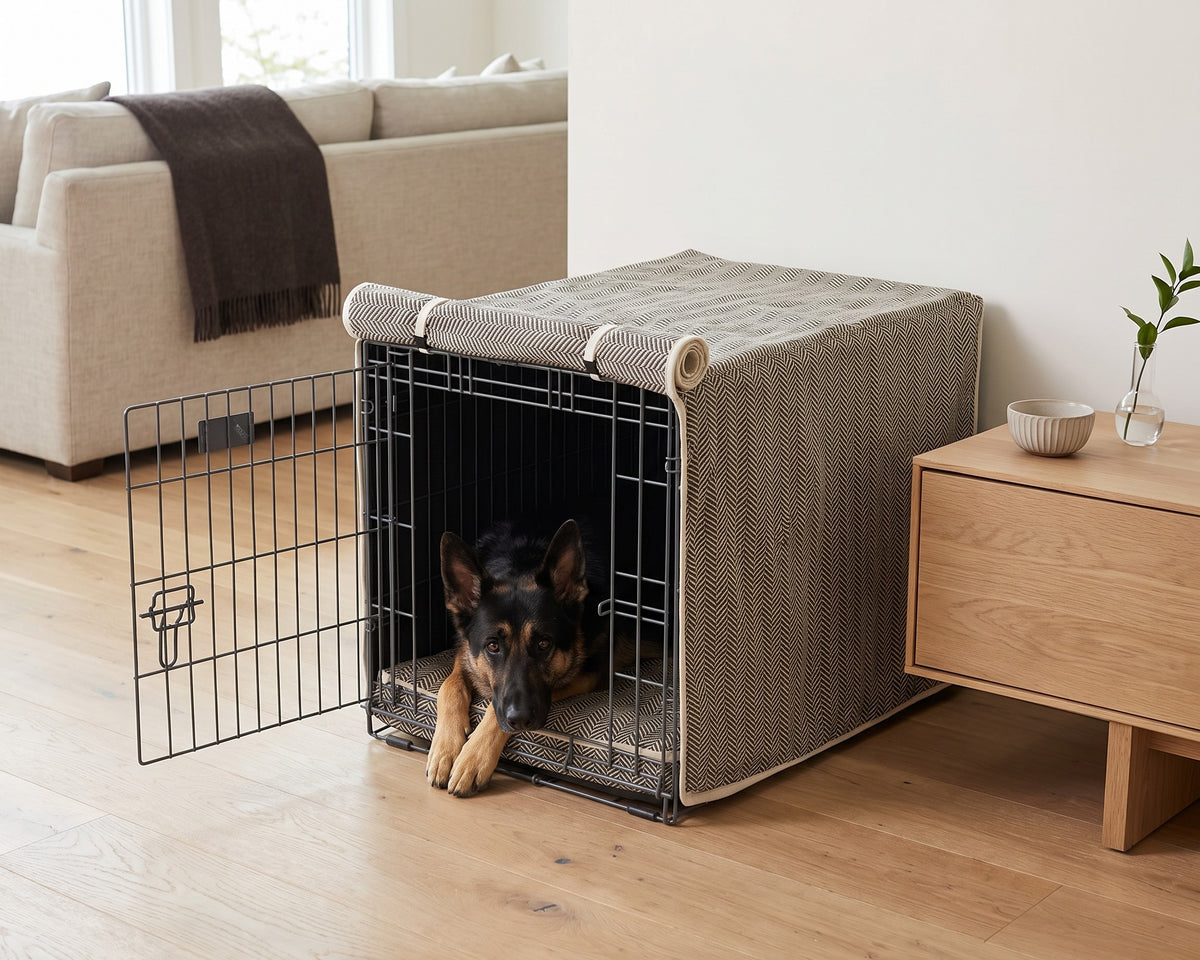German Shepherd resting in a Crate Cover in Herringbone beside an oak sideboard in a bright cottage living room