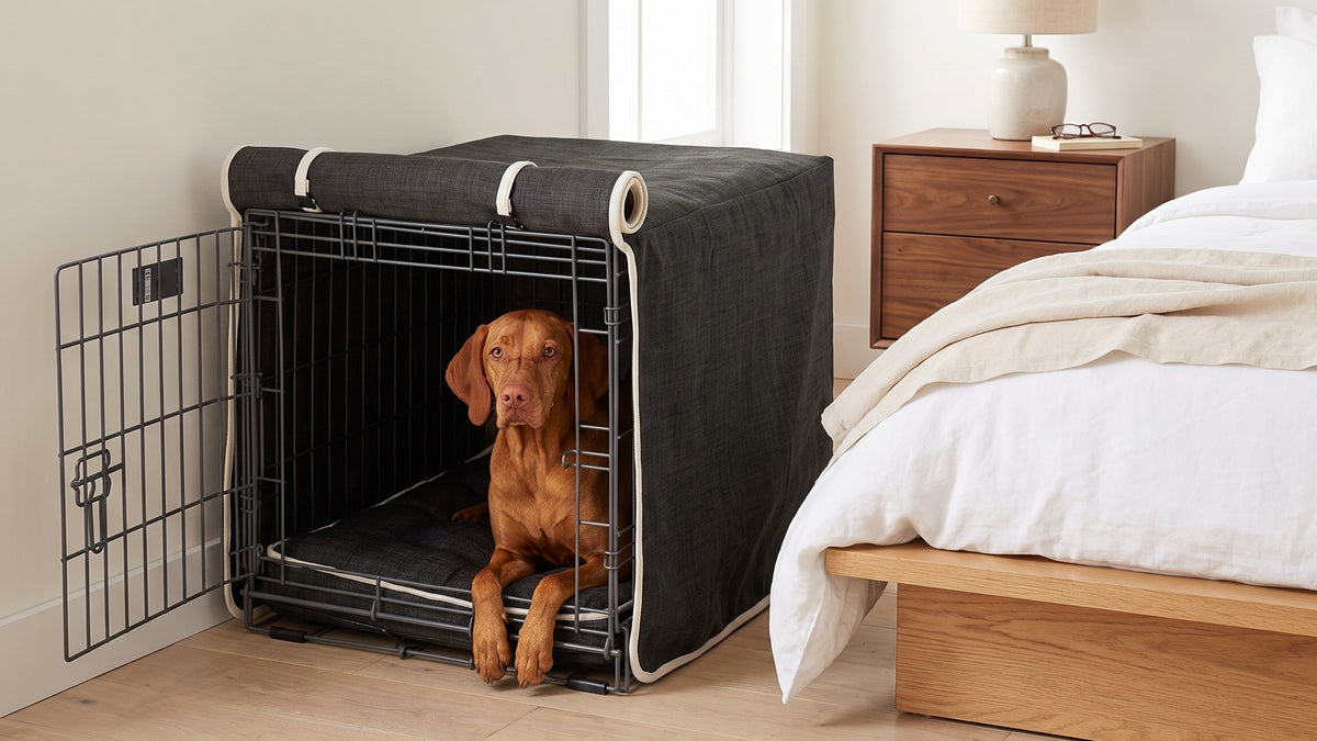 Vizsla lying in a Crate Cover in Storm beside the bed in a bright bedroom