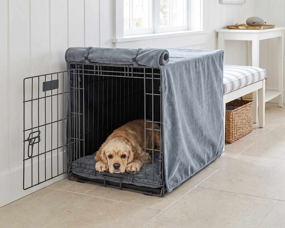 Cocker Spaniel resting in a Crate Cover in Mineral beside a bench in a Hamptons entry hall