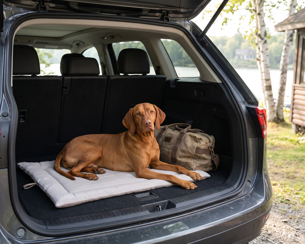 Vizsla on the Cosmopolitan Mat in Taupe Herringbone in the back of an SUV at a lake cottage