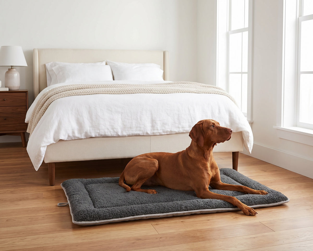 Vizsla on the Cosmopolitan Mat with the Grey Sheepskin side up at the foot of a bed