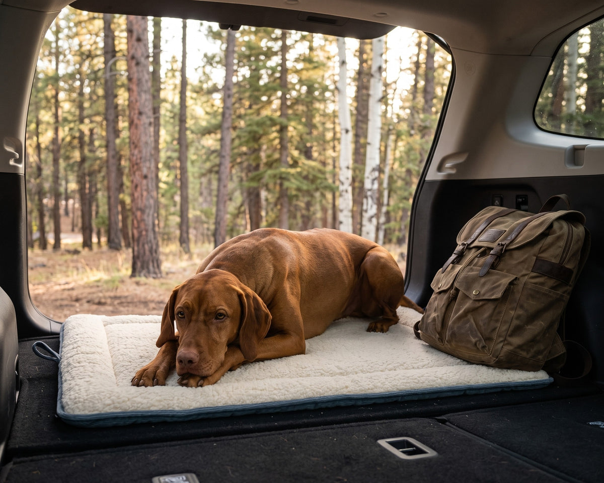 Vizsla resting on the Cosmopolitan Mat with the Ivory Sheepskin side up in the back of an SUV