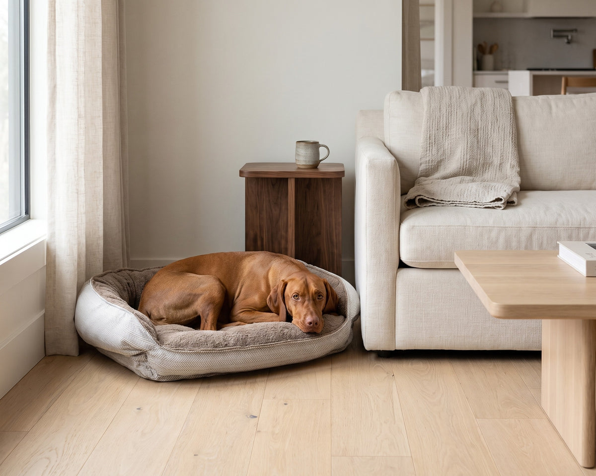 Vizsla resting in the Crescent Reversible Bed in Taupe Herringbone and Mocha, tucked beside the sofa in a bright living room