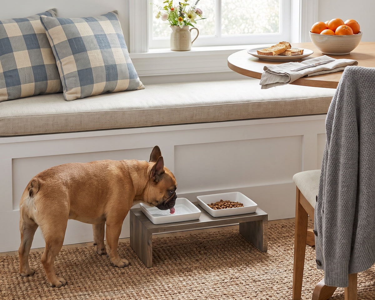 French Bulldog drinking from the small Double Artisan Wood Feeder in Fossil in a breakfast nook