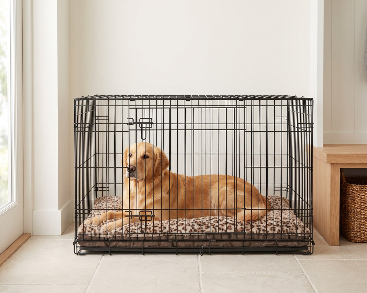 Golden retriever on a Dream Futon in Leopard inside a wire crate in a mudroom