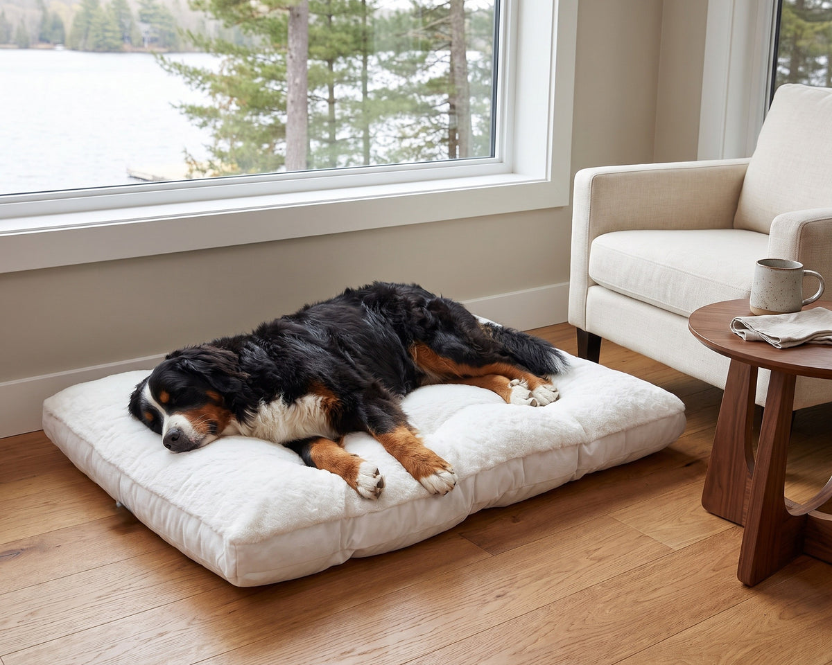Bernese Mountain Dog asleep on a Dream Futon in Winter White under a lake-view window