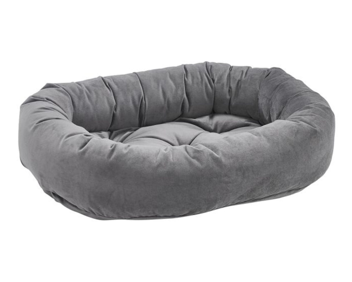 Donut Bed with oval bolster and tufted cushion in Dusk.