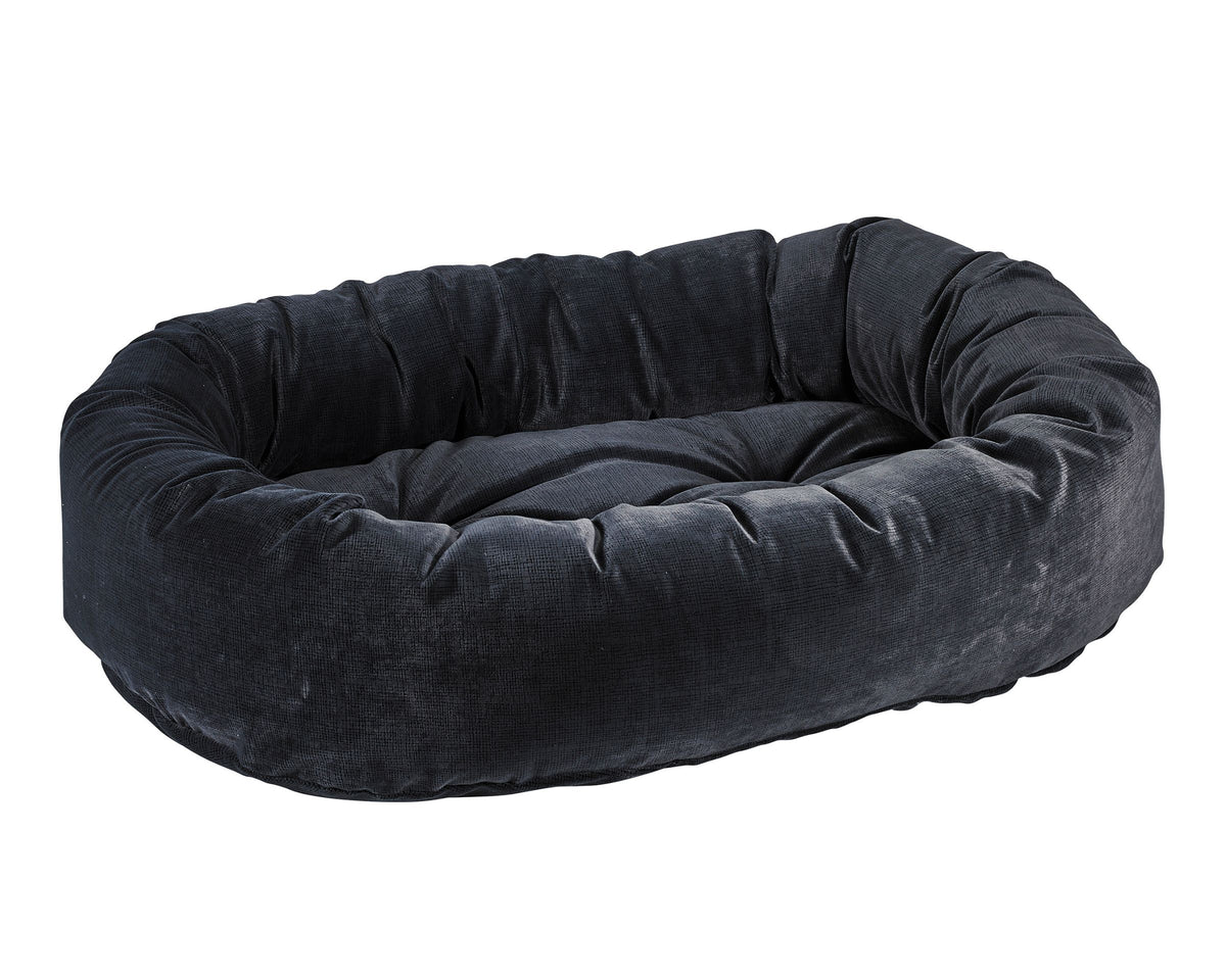 Donut Bed with oval bolster and tufted cushion in Storm.