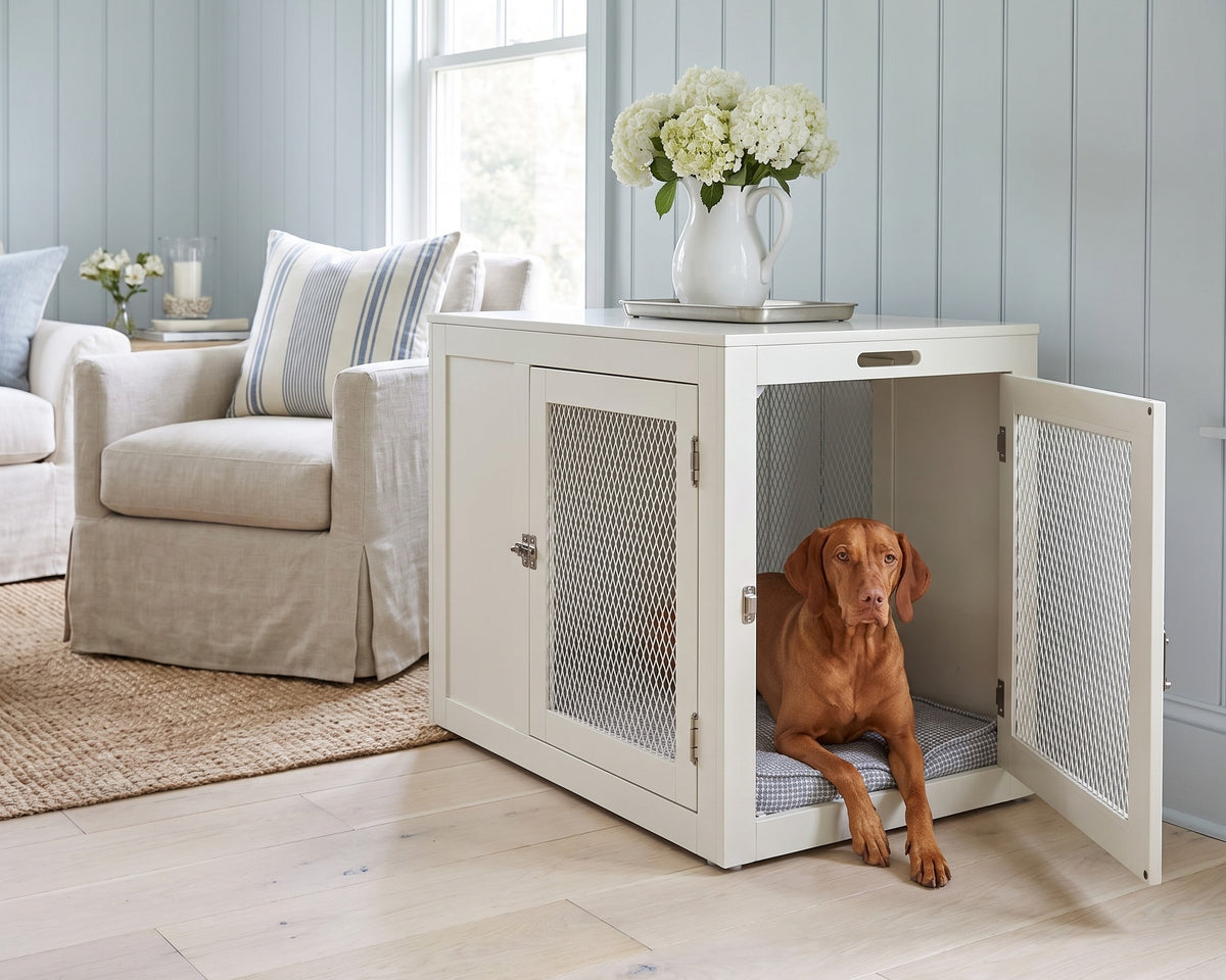 A Vizsla resting in a Fresco Dog Crate in Lunar with the end door open, used as a side table in a Hamptons-style sitting room