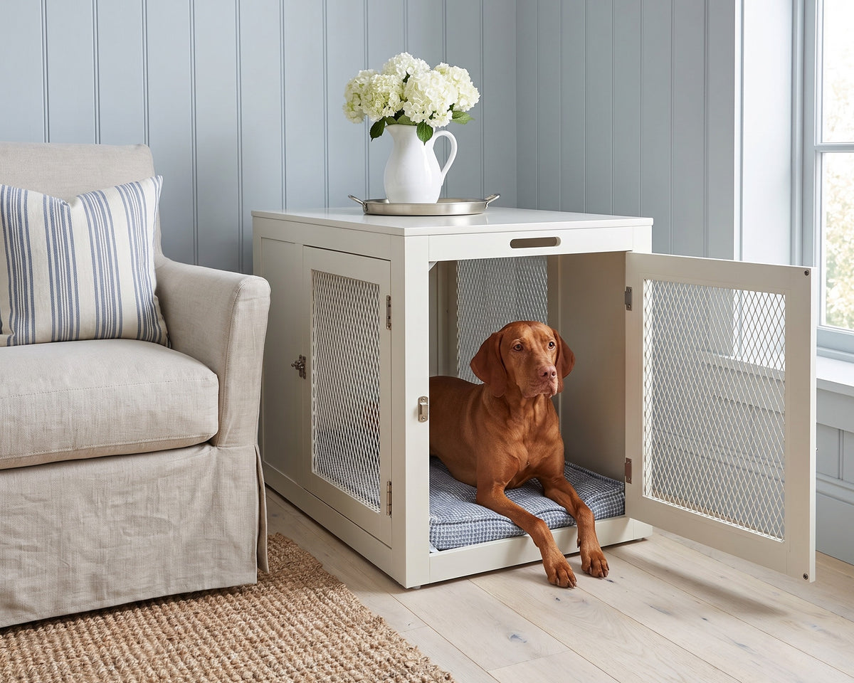 Vizsla resting on the Moderno & Fresco Crate Mat in Arctica inside a Fresco Dog Crate with the end door open