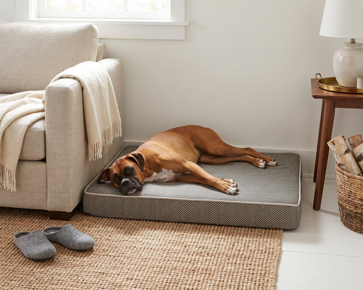 Boxer stretched out on the Isotonic Memory Foam Mattress in Herringbone beside a sofa in a living room