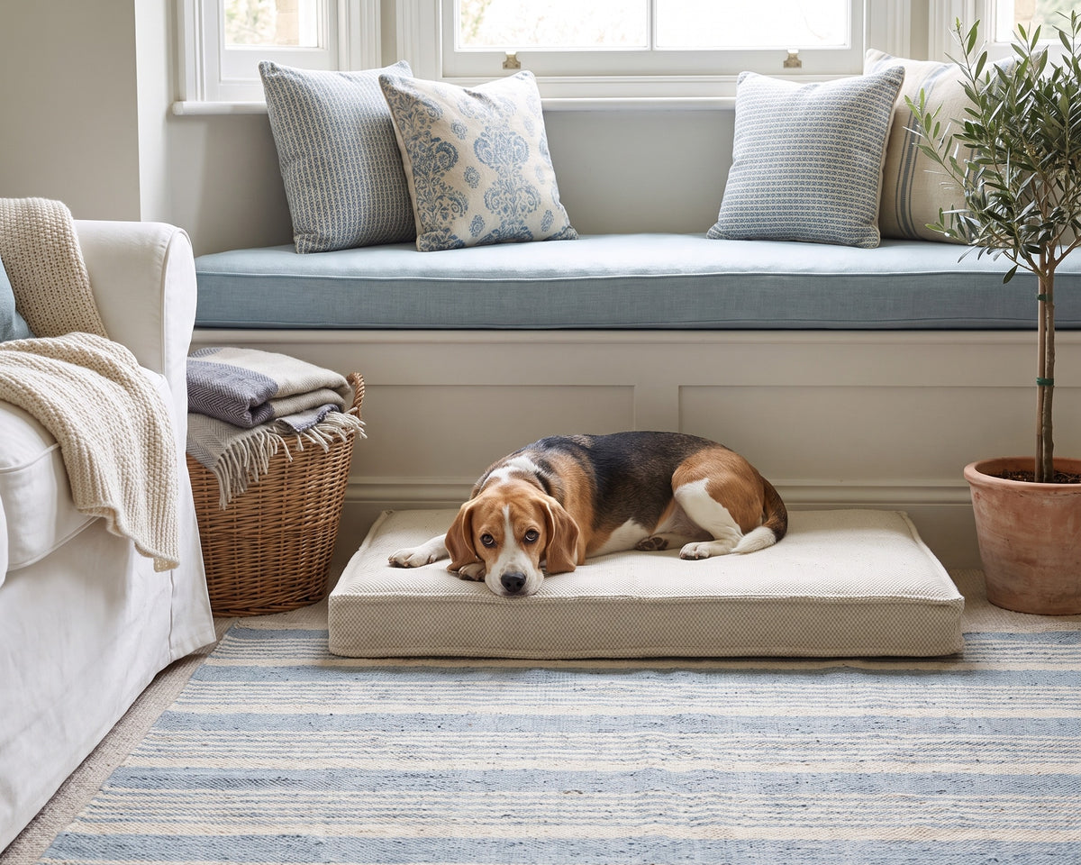 Beagle resting on the Isotonic Memory Foam Mattress in Aspen by a window seat