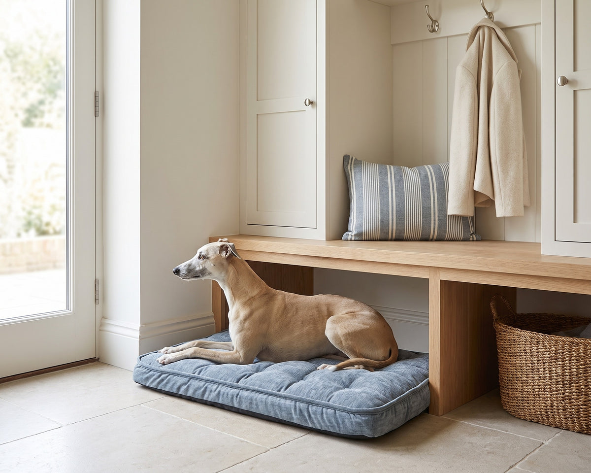 Whippet lying on the Luxury Crate Mattress in Mineral on a mudroom floor beside a bench
