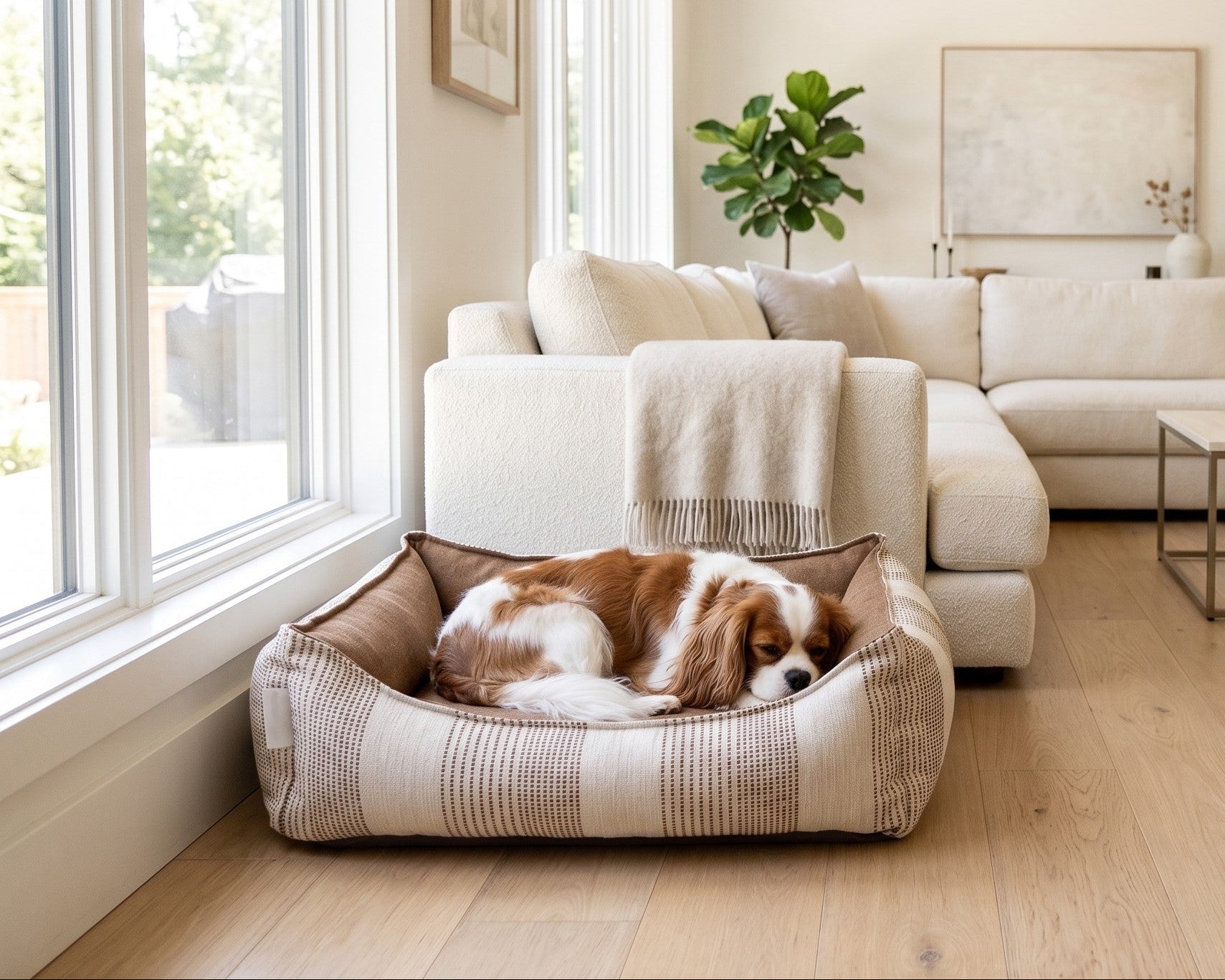 Dog resting on the Oslo Ortho orthopedic dog bed in Seashell fabric in a modern living room.