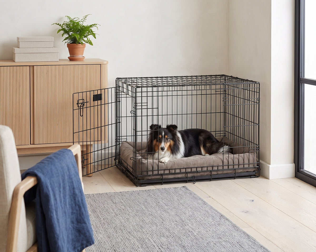 Shetland Sheepdog resting on a Tango Multi Bed in Bark inside a black wire crate