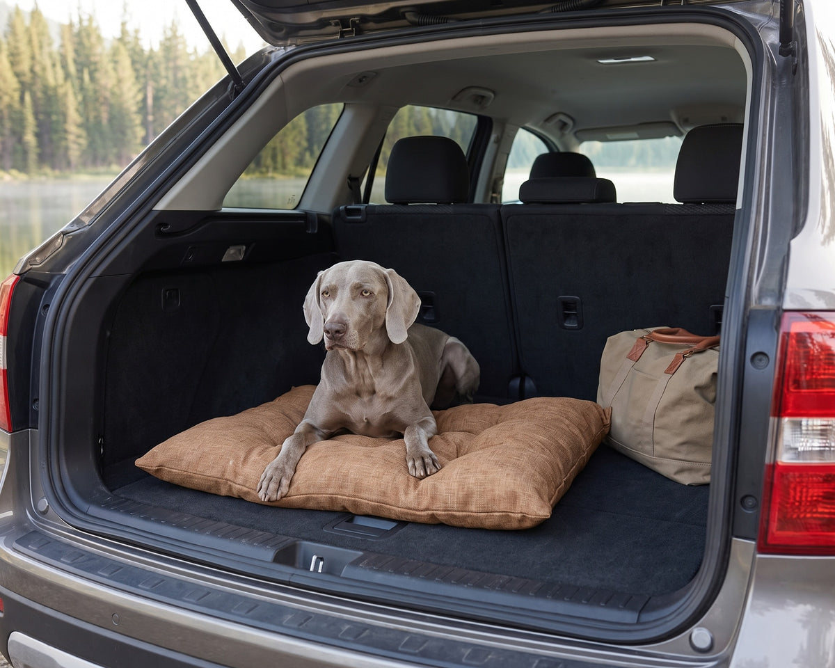 Weimaraner resting on a Caramel Tufted Cushion in the cargo area of an SUV by a lake