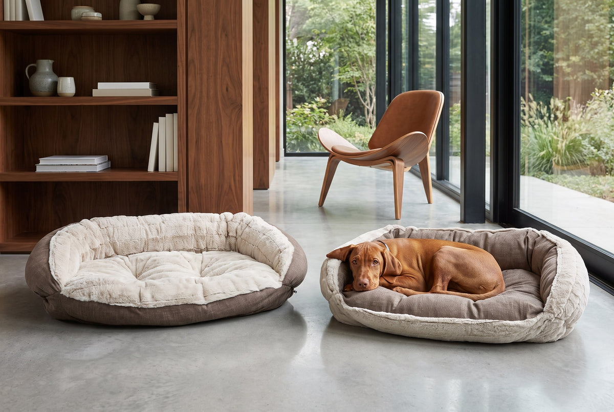 Two Crescent Reversible Beds side by side, one in each look, with a young vizsla in the right-hand bed.