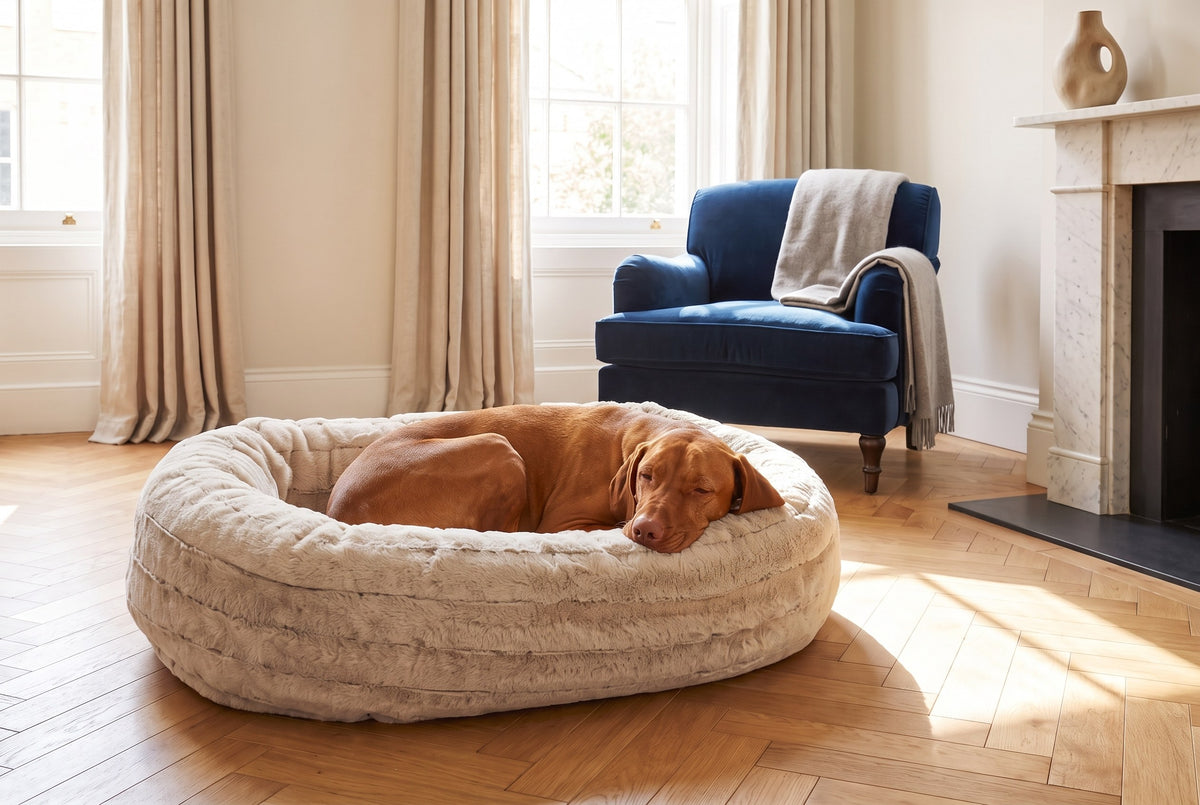 Vizsla curled up asleep in the Donut Bed in a sunlit sitting room.